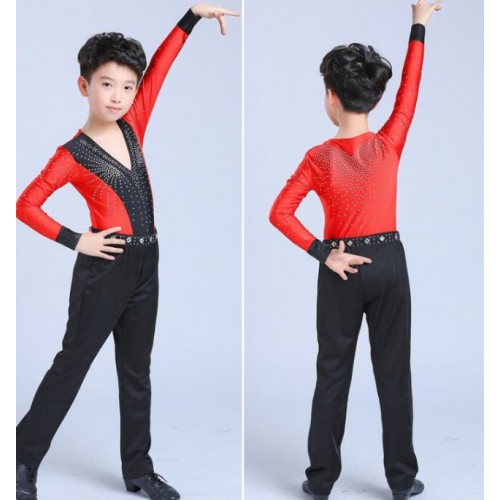 Boys latin ballroom dance tops and pants competition waltz tango salsa stage performance red black diamond shirts and trousers